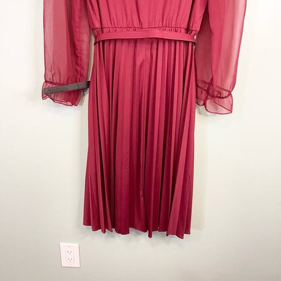 Montgomery Ward Maroon Sheer Ruffled Belted Button Pleated Midi Dress Size L/XL - Picture 8 of 9